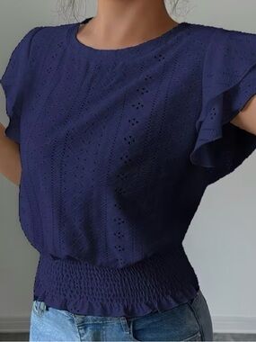 Navy Eyelet Ruffle Sleeve Smocked Waist Top